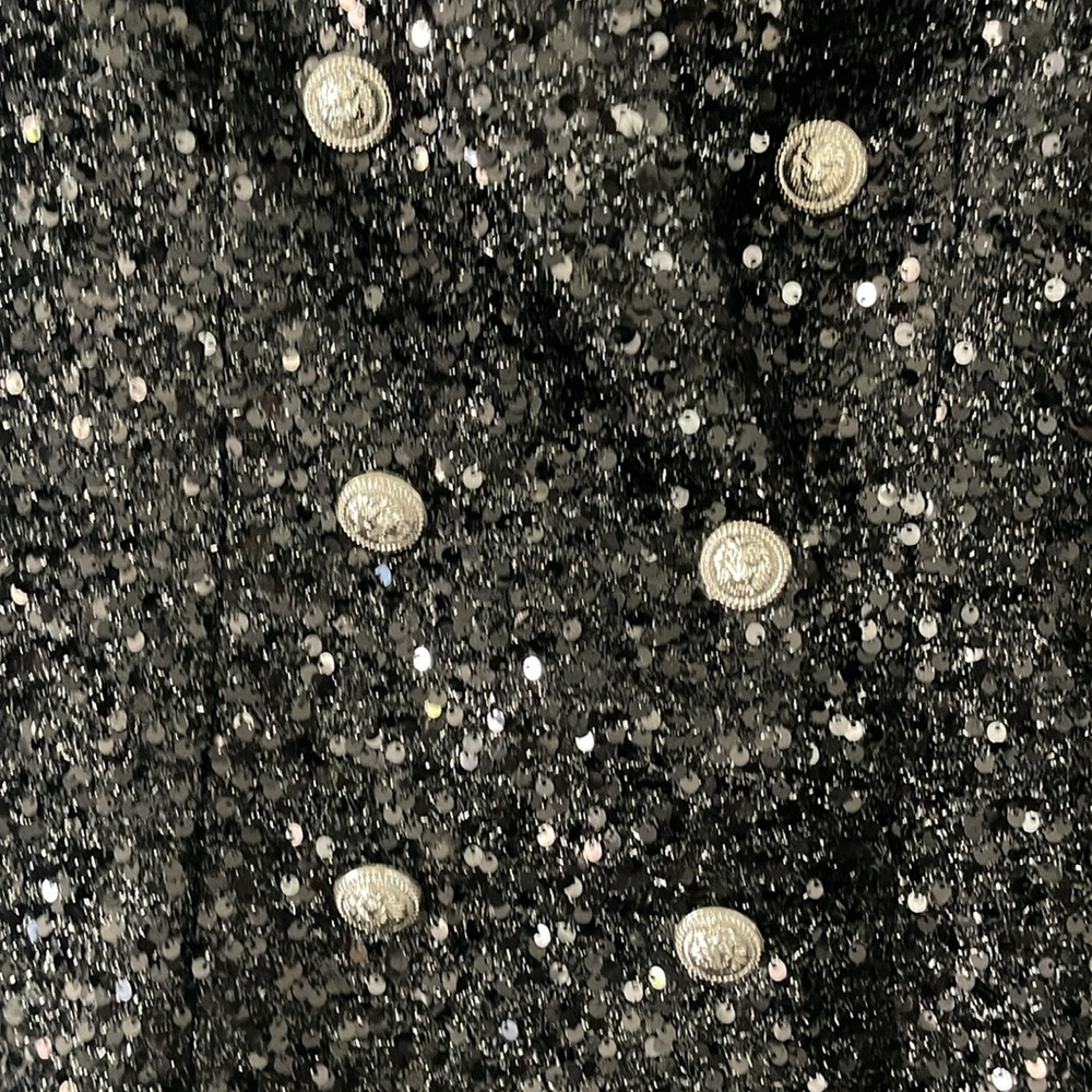Betsy Moss Sequin Holiday Festive Party Oversized Blazer Black Silver Buttons S - Picture 8 of 11